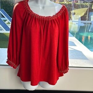 Max Studio Red Blouse with Elegant Design Ruched collar and sleeve cuffs Large